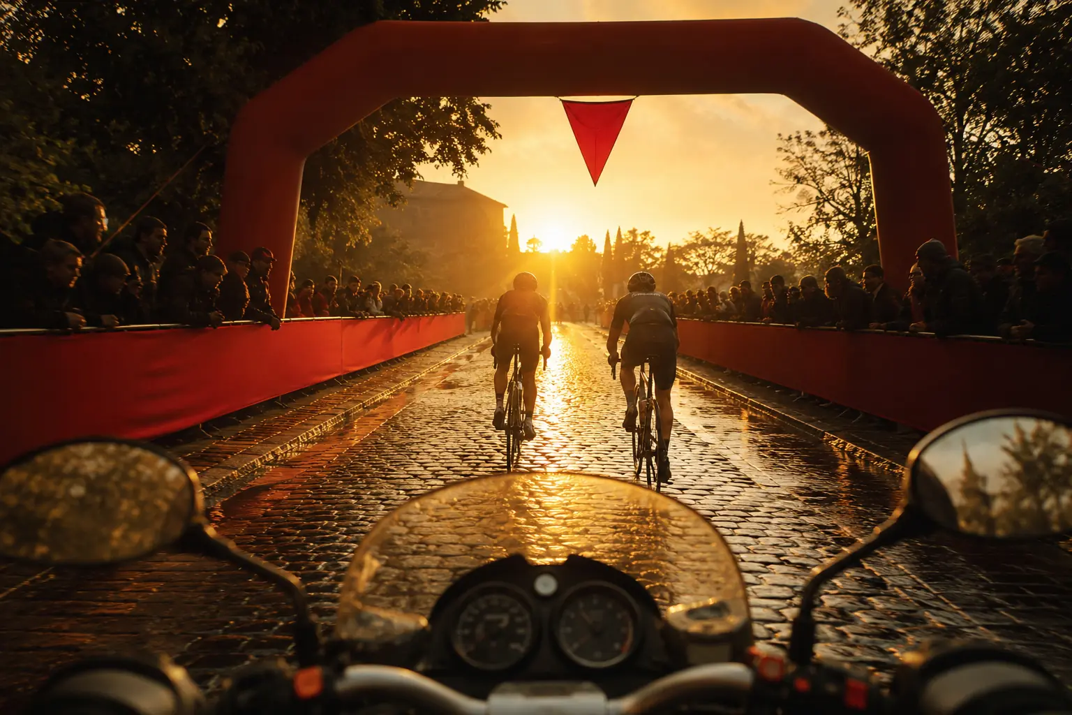 View from the race motorbike on a wet cobbled road, two riders ahead against the low sun, and the red final-kilometre arch crossing overhead with its pennant hanging.